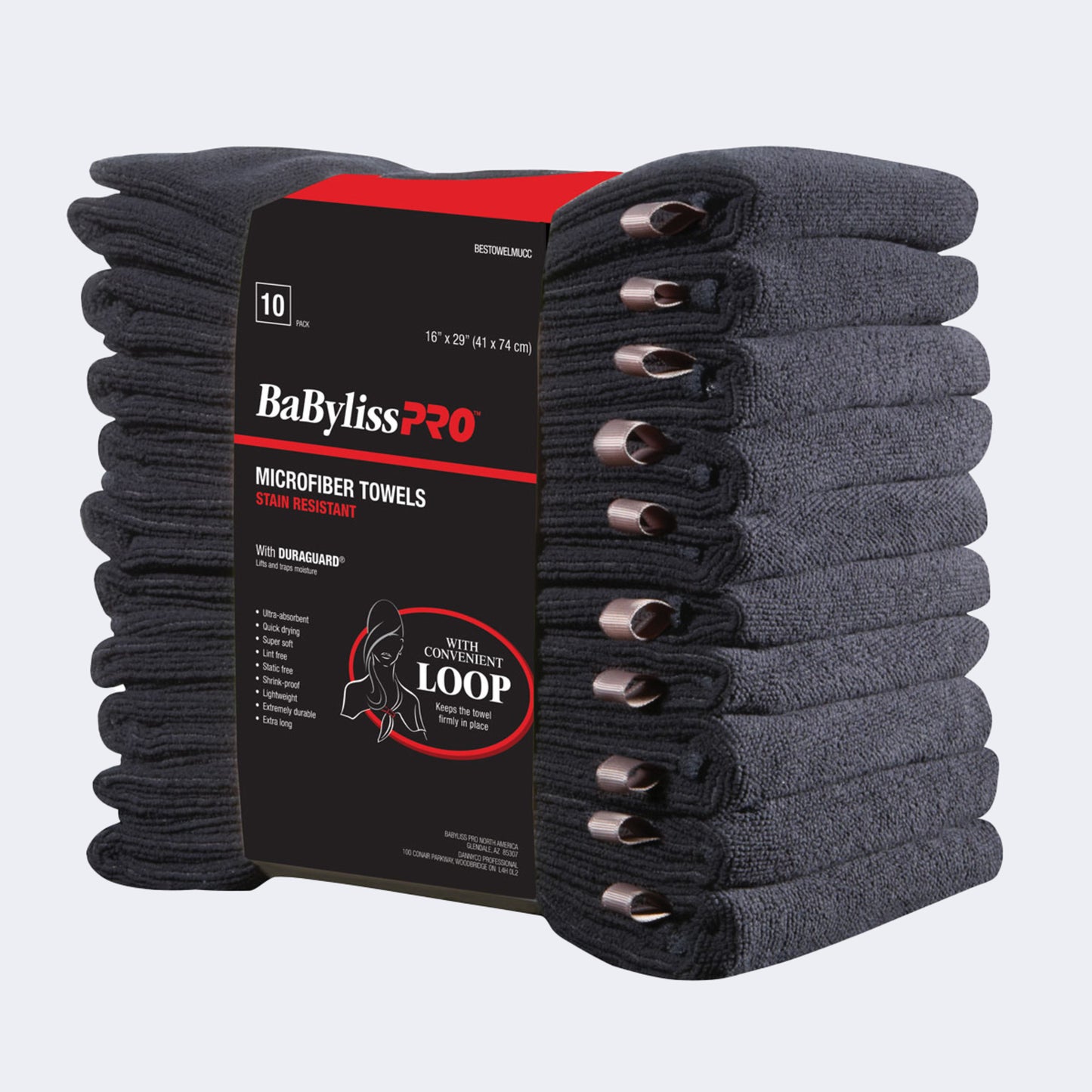 BabylissPRO - Microfiber towels, 16" x 29". Black. 10/pack.